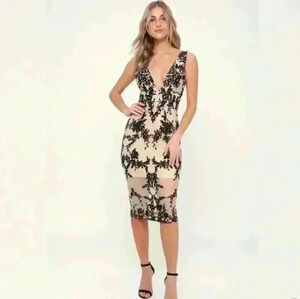 Bardot Dresses The Bardot Embroidery Nude And Black Midi Dress sz4